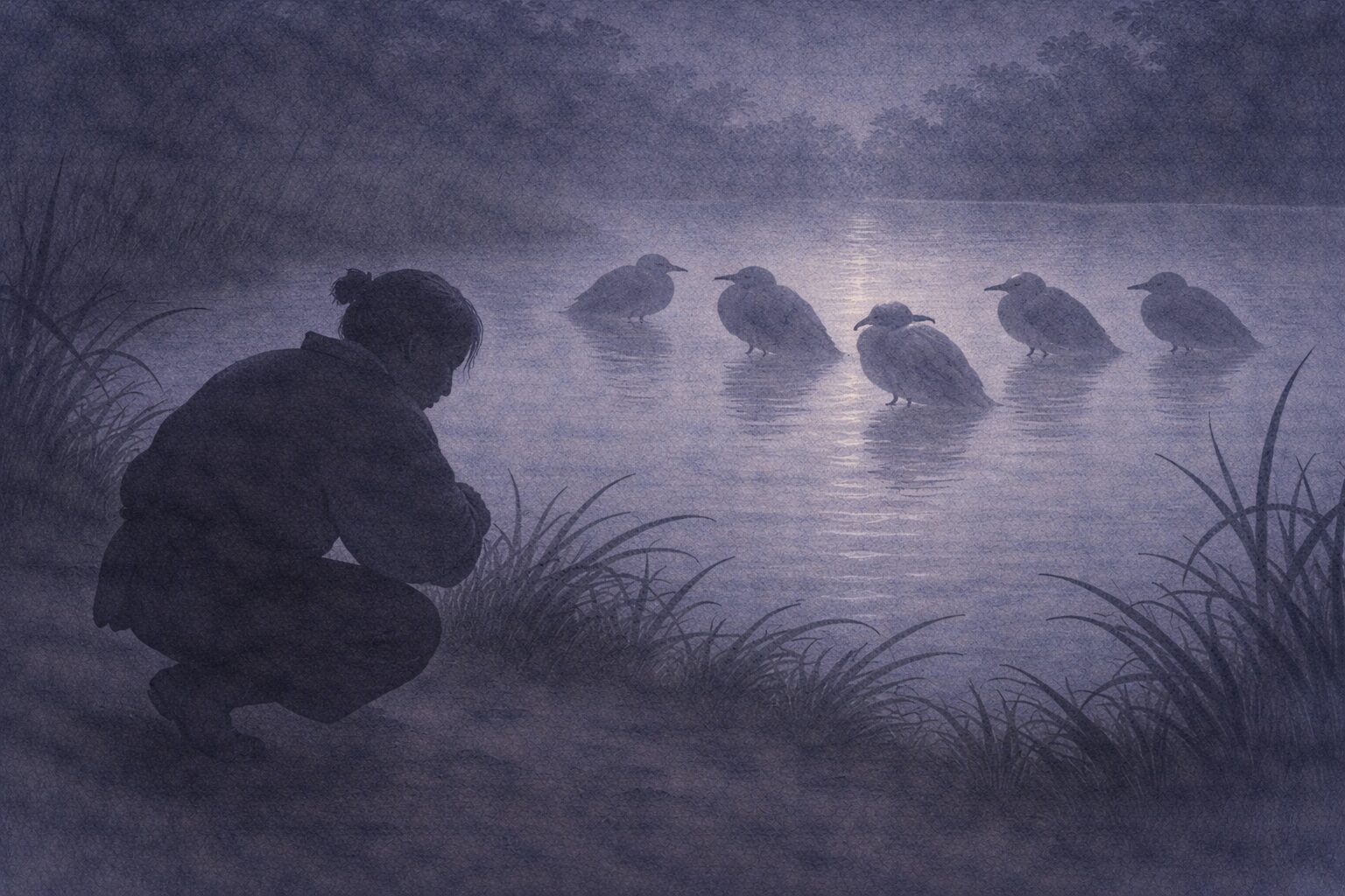 深夜の池のほとりで男の影が身をかがめ、眠る鷺の影が水面近くに並ぶ一場面