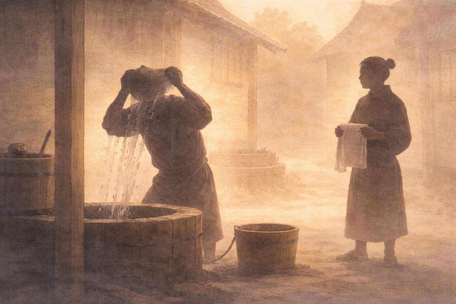 朝の井戸端で桶の水をかぶる男の影と、手拭いを持って見守る仲間の影がある一場面