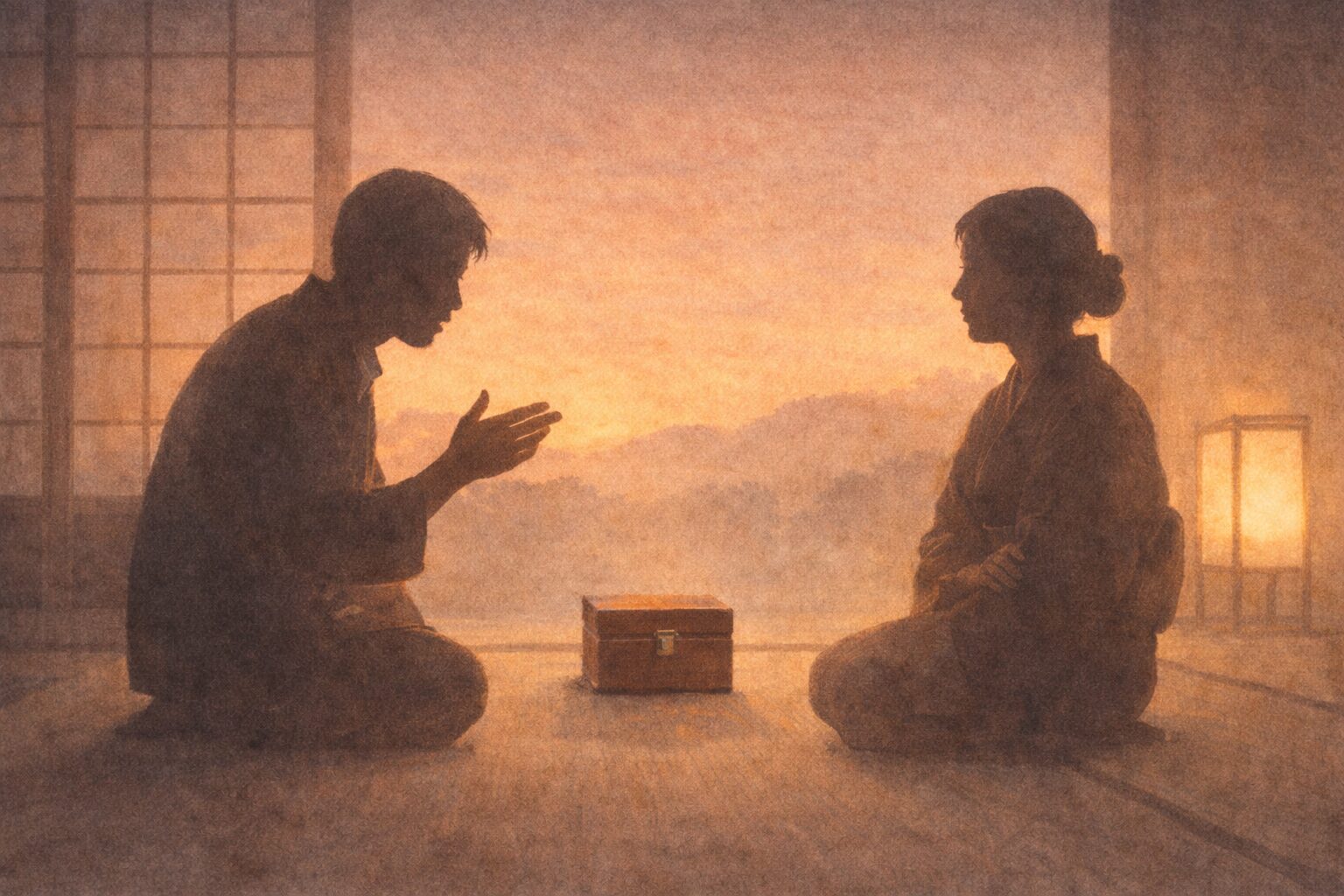 夕方の座敷で向かい合う夫婦の間に小箱が置かれ、言い分が食い違っている気配の一場面