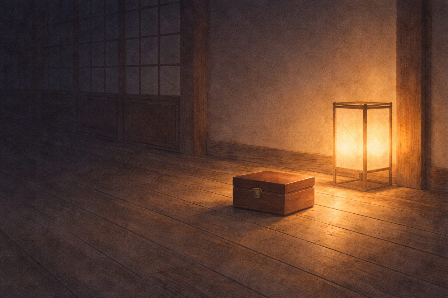 夜の廊下に小箱だけが残り、閉じた蓋のそばに静かな行灯の光が落ちる一場面