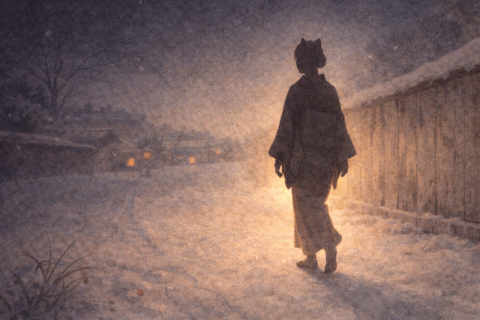 冬の夜の往来で人に化けた狐がそれらしく歩き出す影の一場面