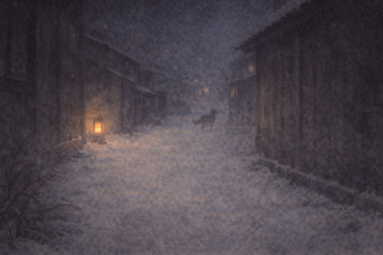 夜更けの路地の先へ狐の気配だけが消えていく余韻の一場面