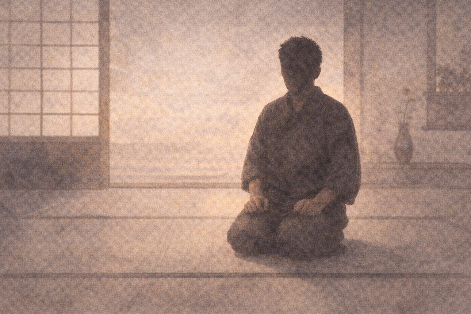 昼の寺の座敷で代役に出された蒟蒻屋の影が、ぎこちなく座っている一場面