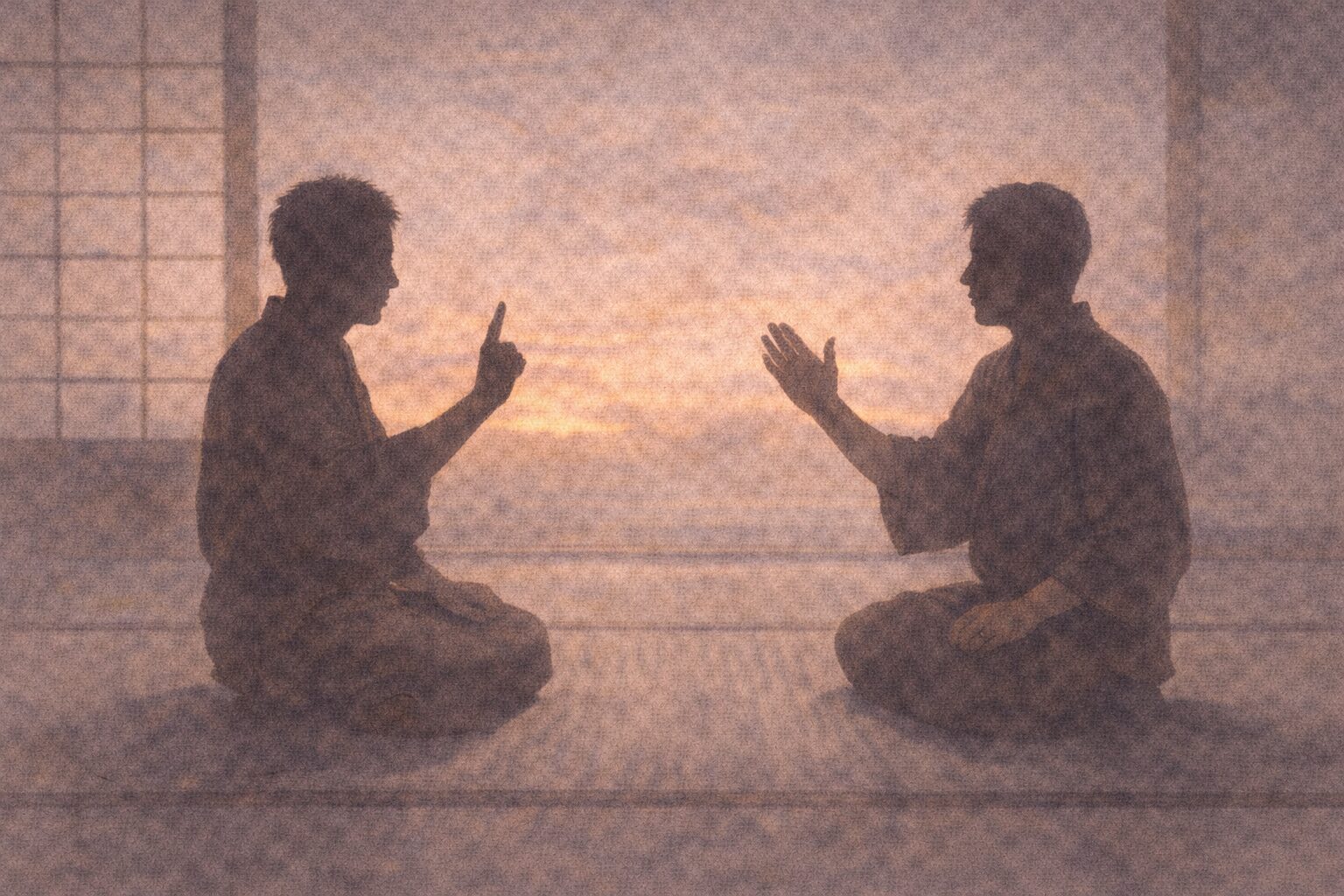 夕方の座敷で向かい合う二人の影が、手ぶりだけで食い違ったやり取りをしている一場面