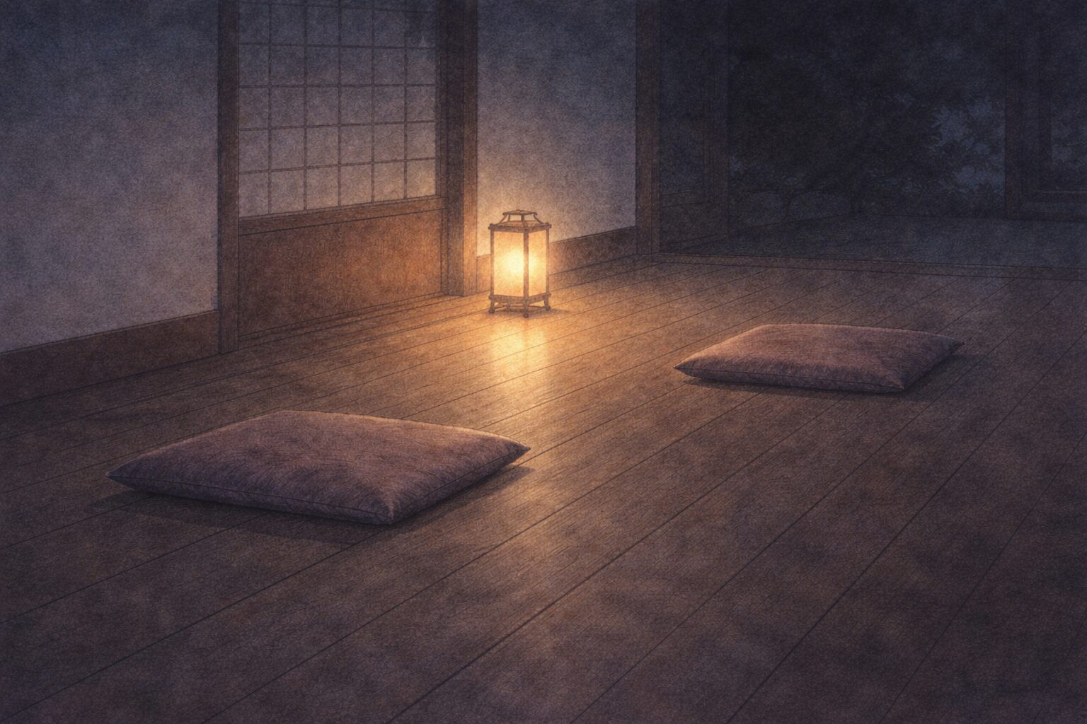 夜の寺の廊下に座布団だけが残り、問答の熱気が去ったあとの静かな一場面