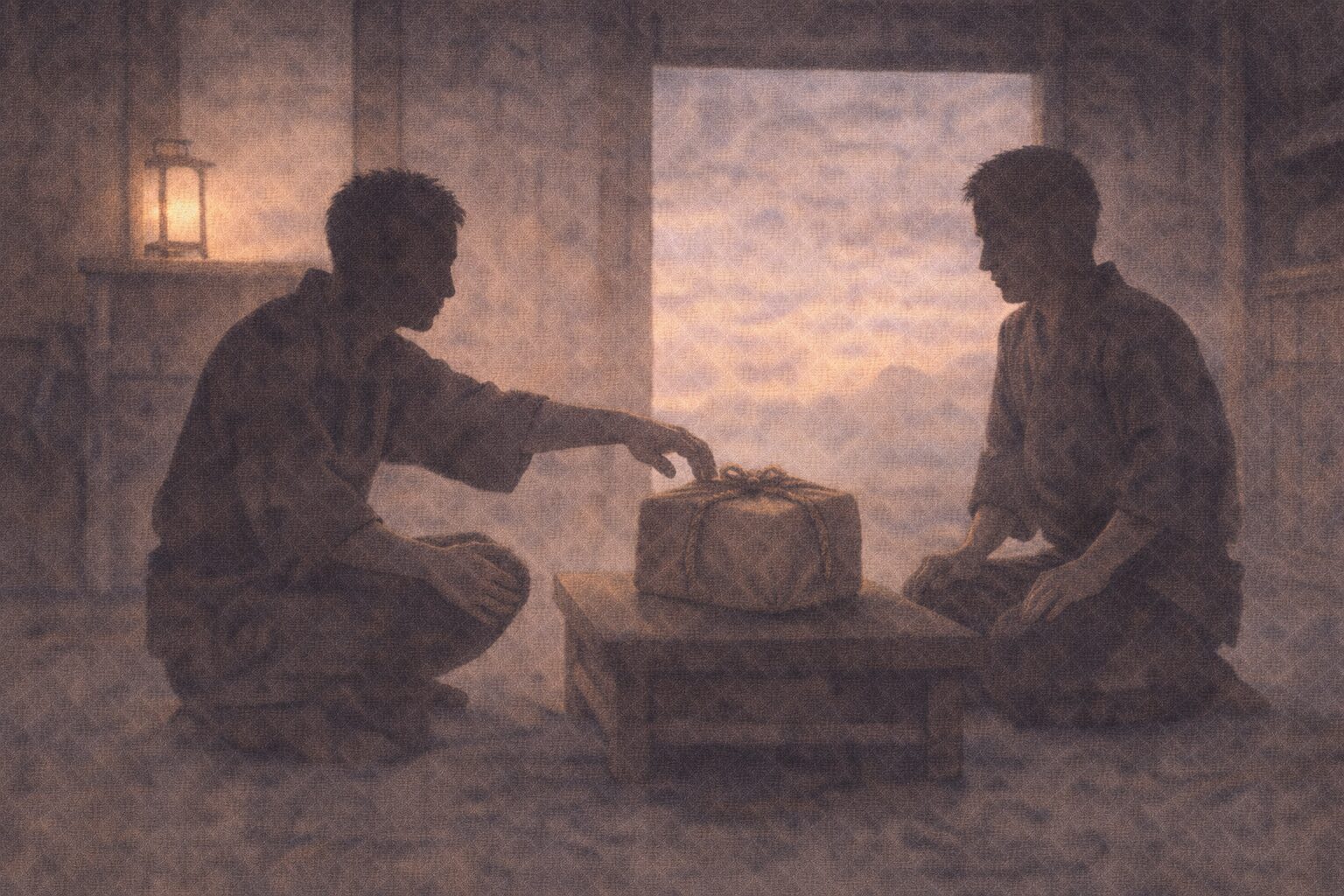 夕方の番屋の中で向かい合う人影が、荷の中身をめぐって駆け引きしている一場面
