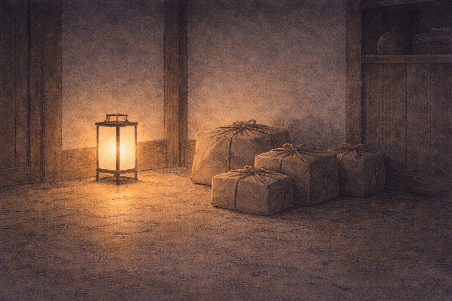 夜の番屋の片隅に調べ終えた荷だけが残り、取締りの熱気がゆるんだ余韻の一場面
