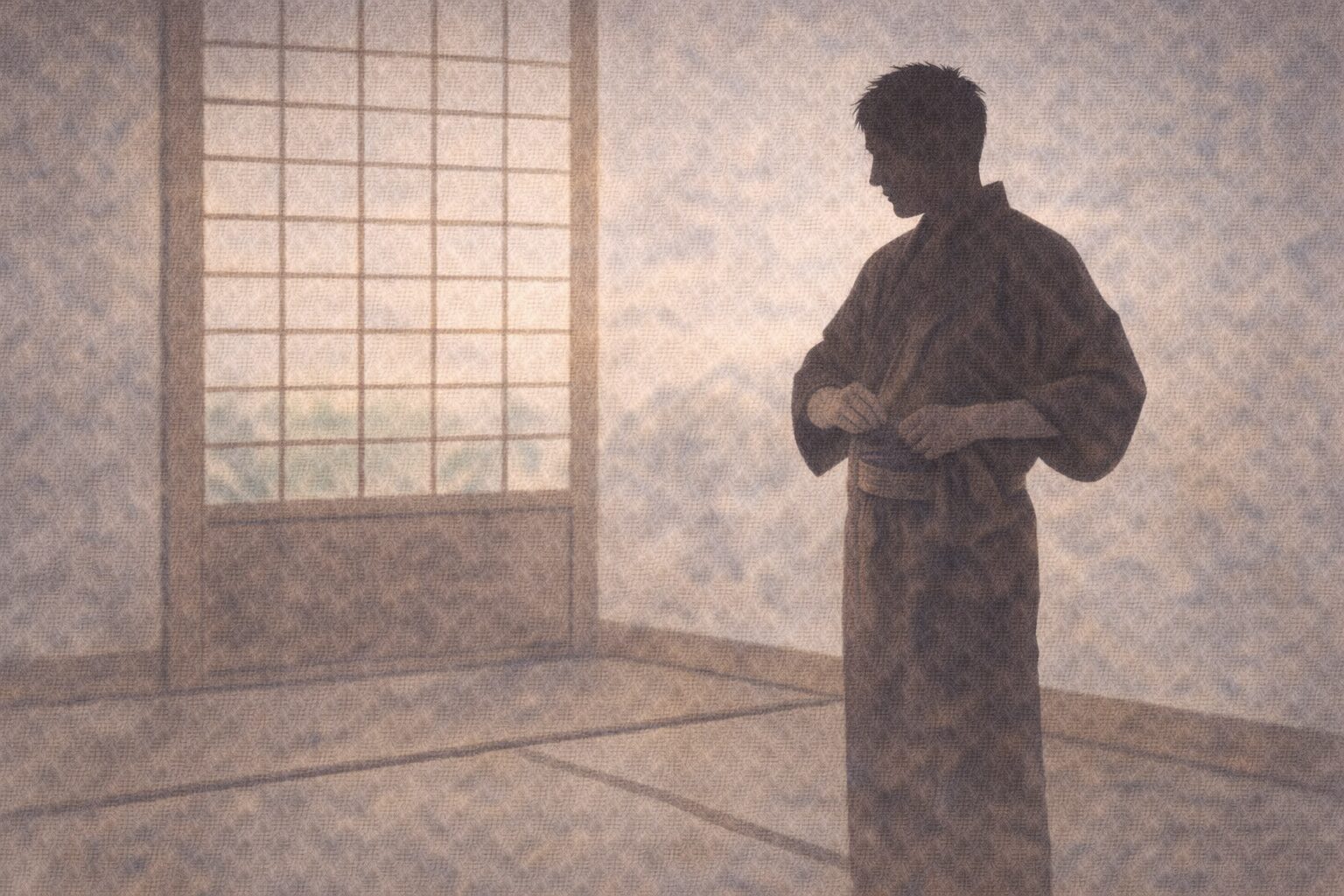 昼の町家の座敷で若旦那の影が身支度を整え、気負いがにじむ一場面