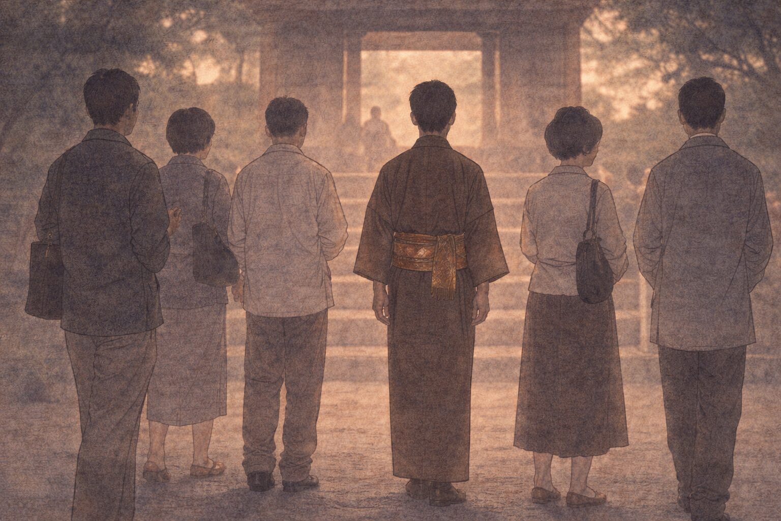 夕方の寺参りの列の中で若旦那の影だけがどこか不自然に浮いている一場面