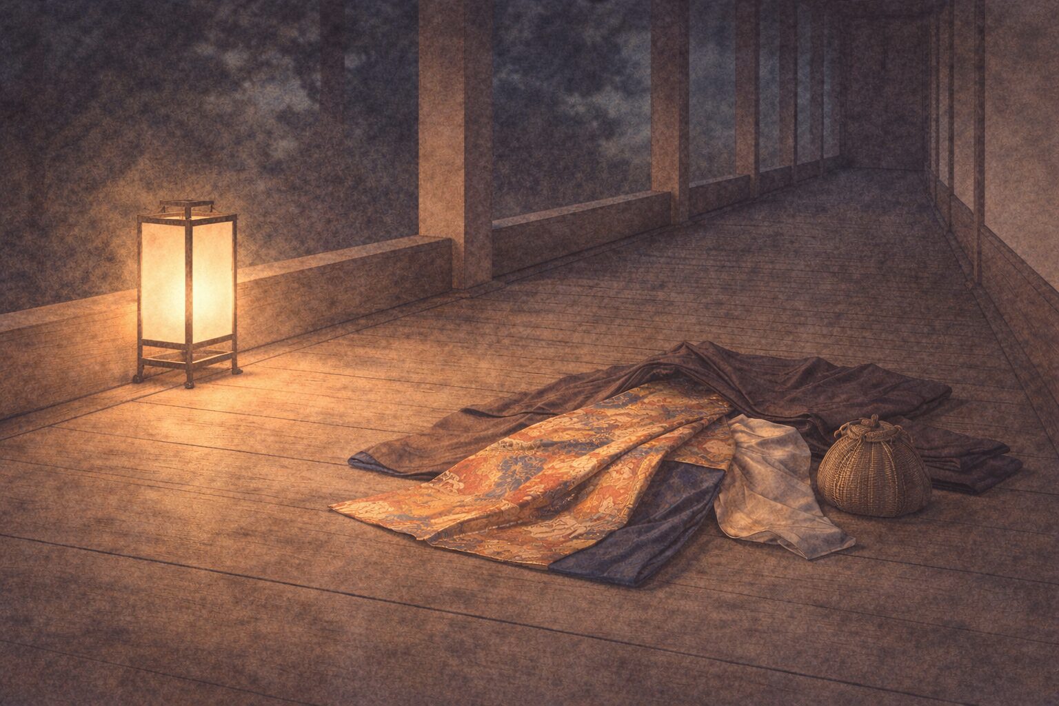 夜の寺の回廊に衣だけが静かに残り、気取った段取りの余韻だけが漂う一場面