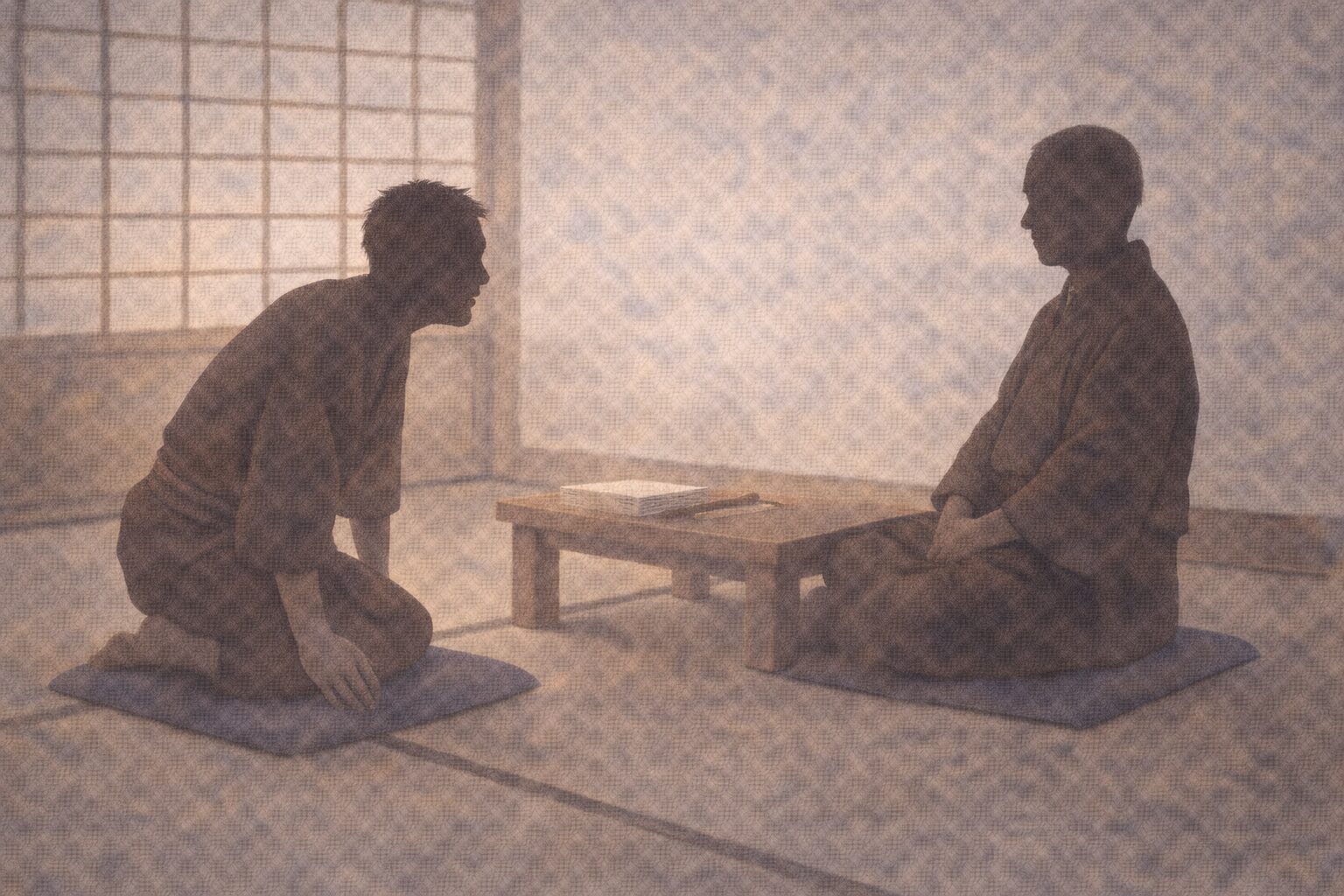 昼の隠居の部屋で八五郎の影が身を乗り出し、物知り顔の隠居に問いかける一場面