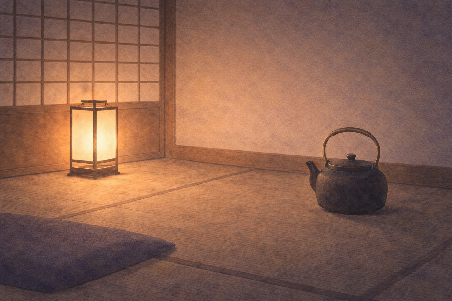 夜の隠居の部屋に薬缶だけが置かれ、言い張った理屈の余韻が静かに残る一場面