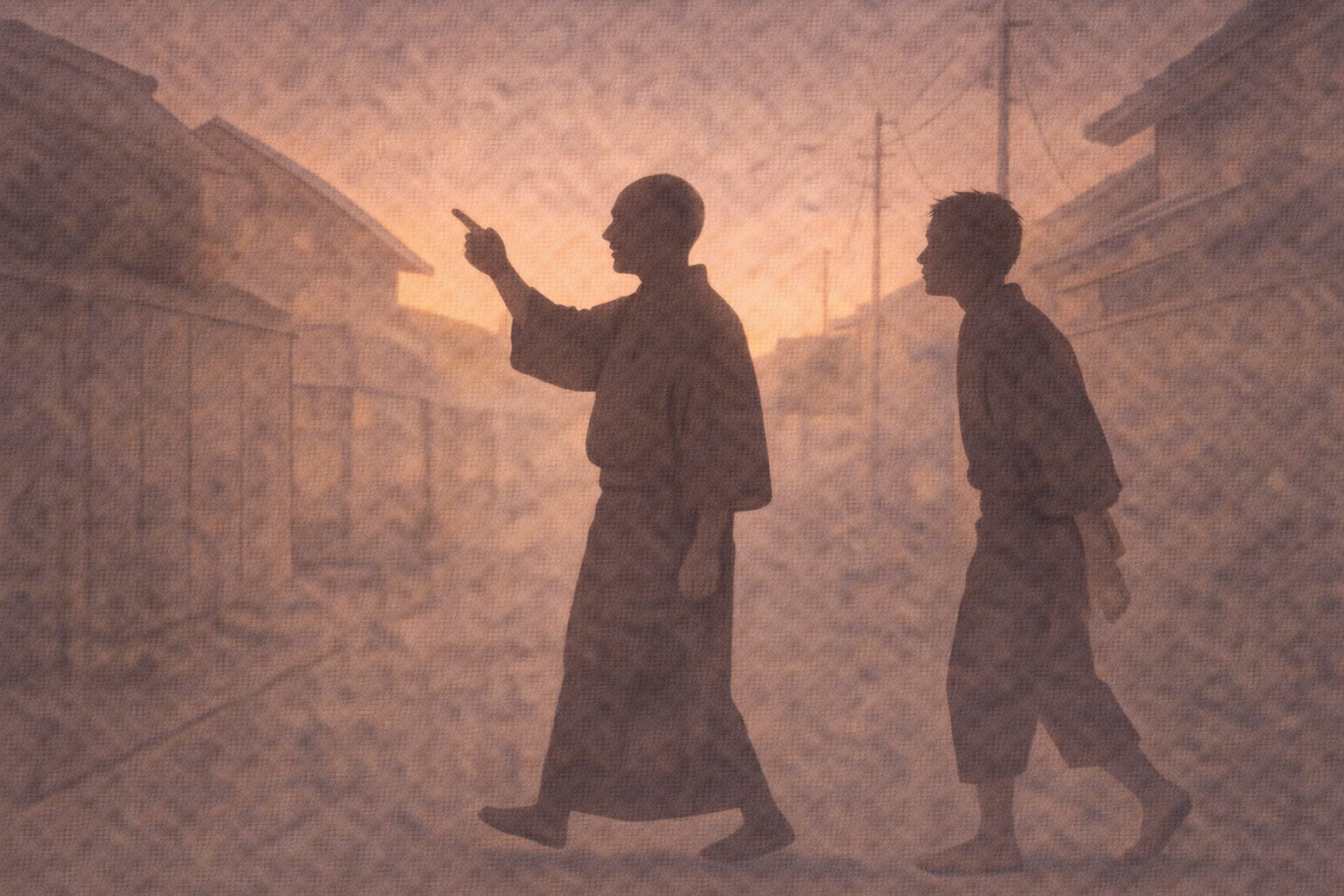 隠居の家の座敷で、身を乗り出して問い詰める八五郎と、澄ました顔でこじつけを始める隠居のシルエット