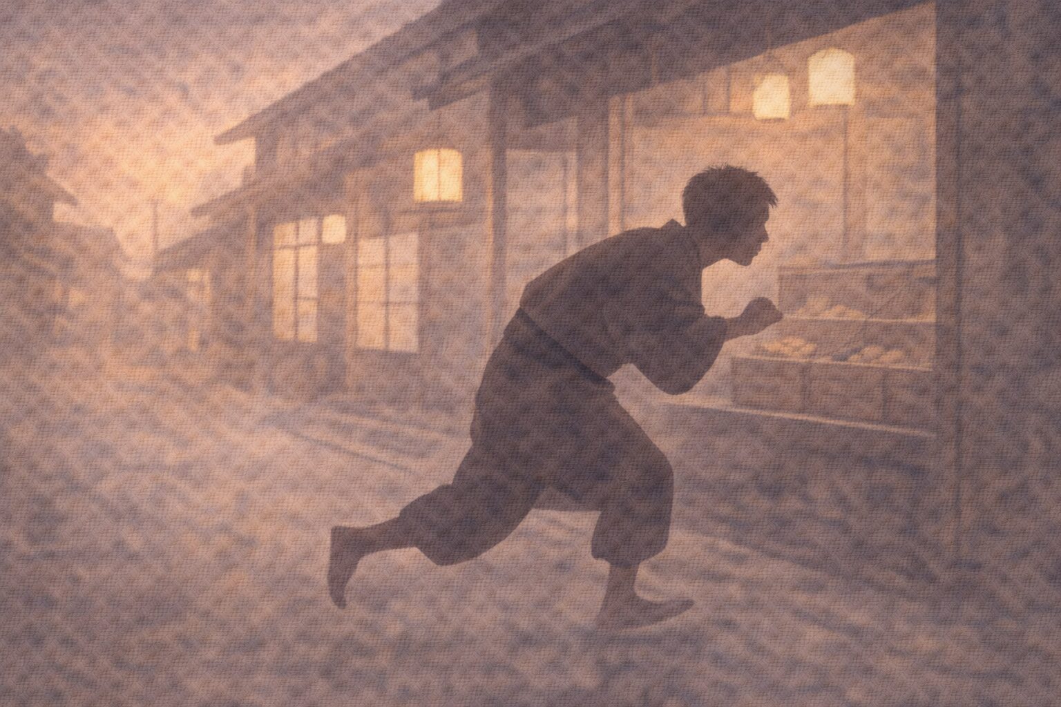 夕方の町を手代の影が駆け回り、店先をのぞき込みながらみかんを探している一場面