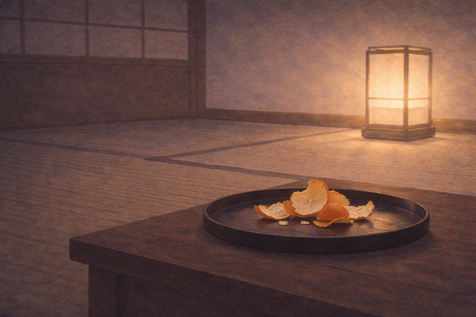 夜の座敷にみかんの皮だけが静かに残り、大騒ぎのあとの拍子抜けした余韻が漂う一場面