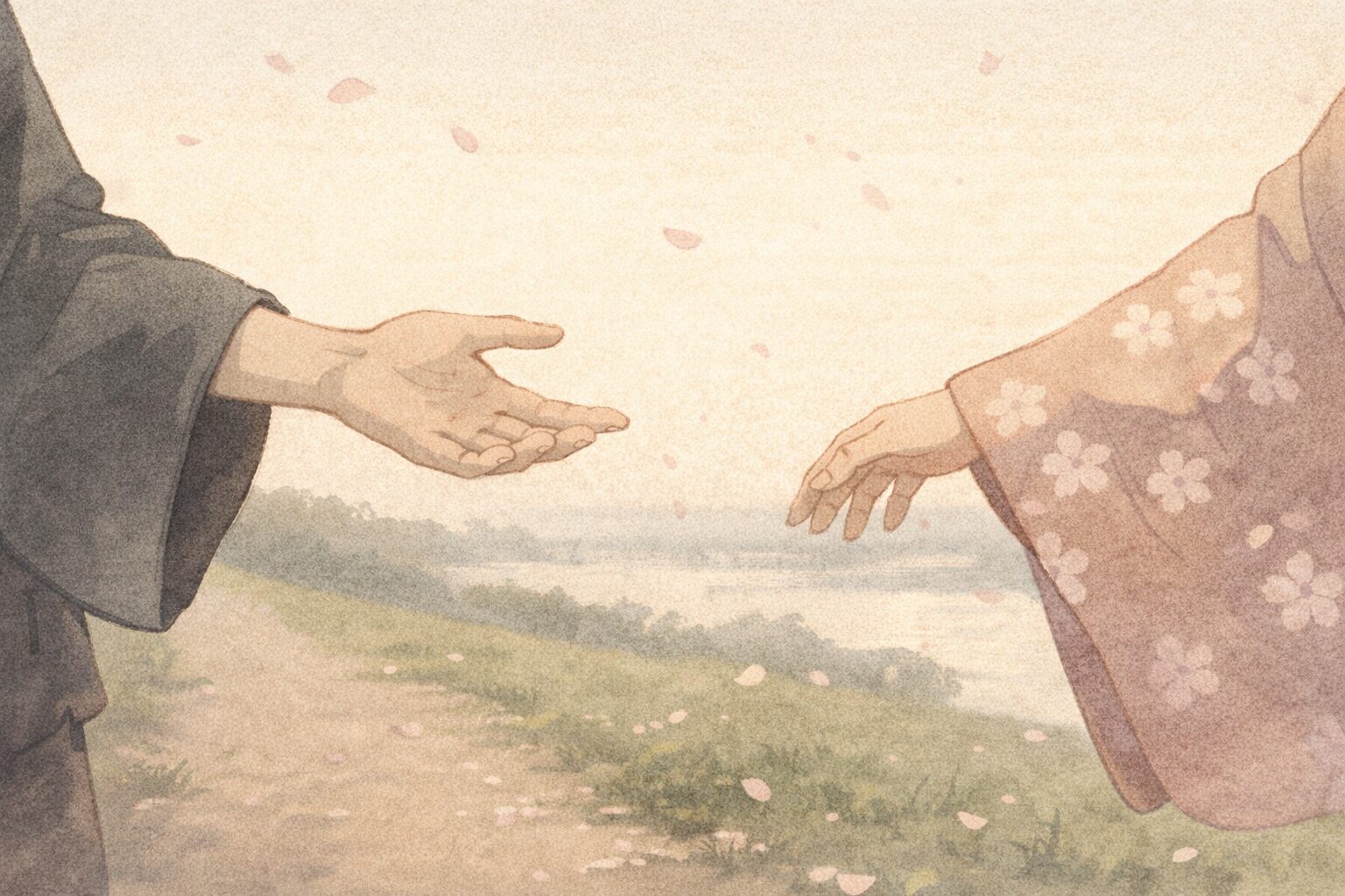 春の土手道で、差し出された手とためらいながら近づく袖先が触れそうになる一場面