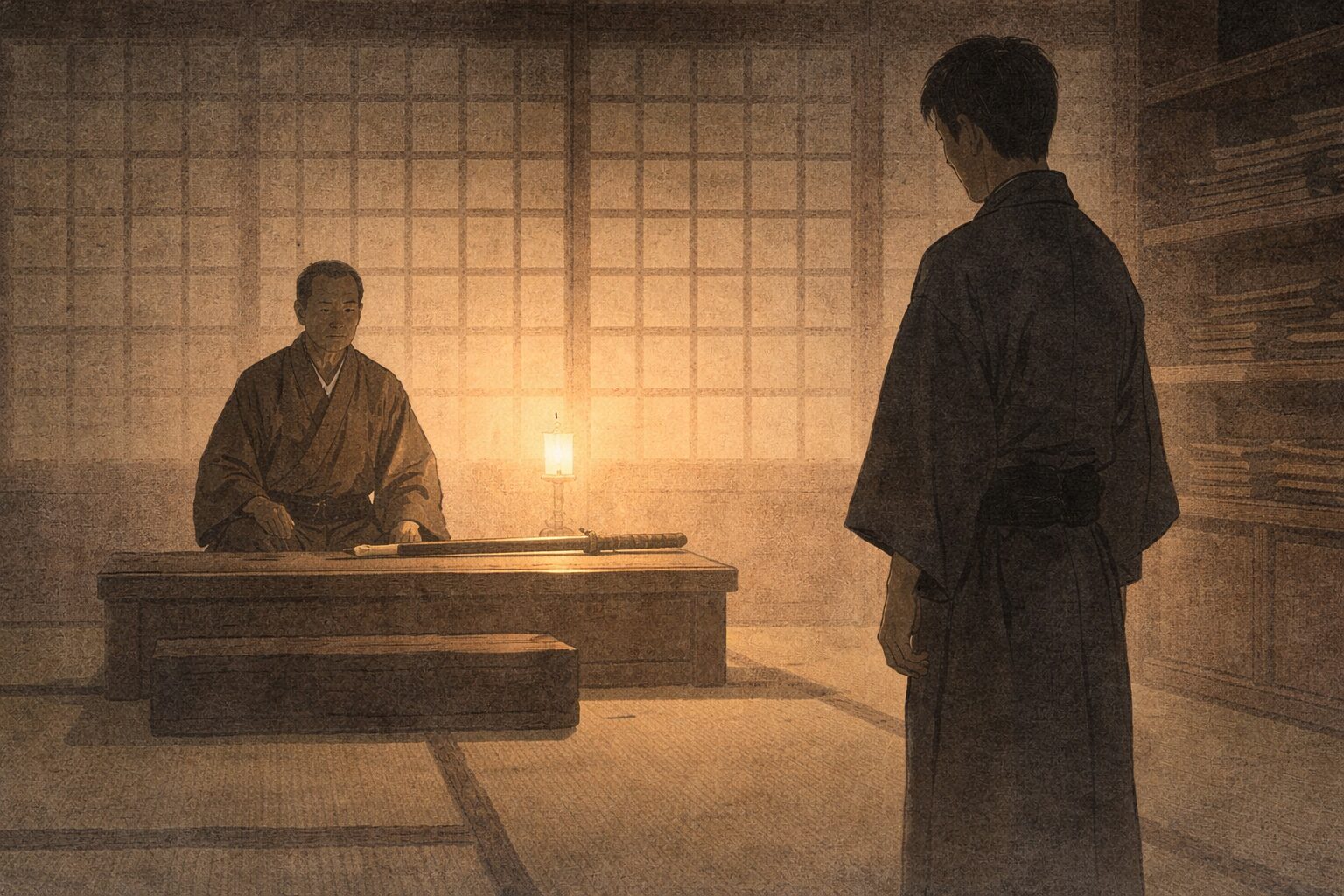 夜の刀屋で、座って諭す主人と立ち尽くす若者のあいだに重い間が流れる一場面