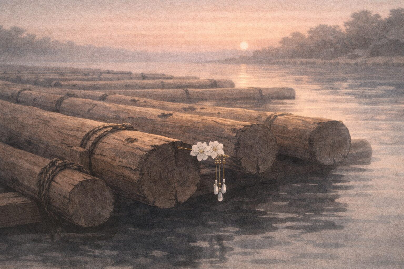 明け方の木場で、並ぶ筏の端に花嫁のかんざしがひとつ引っかかっている一場面