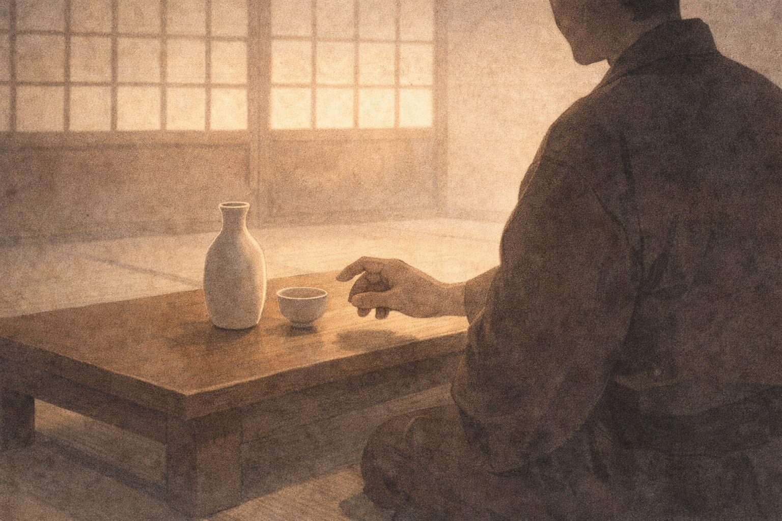 昼下がりの座敷で、徳利を前にためらいながら盃へ手を伸ばす旦那の影がある一場面