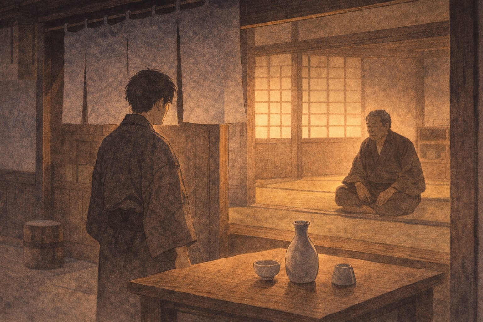 夕方の店先で、帰ってきた若旦那と座敷の奥の親父が向かい合い、気まずい空気が流れる一場面