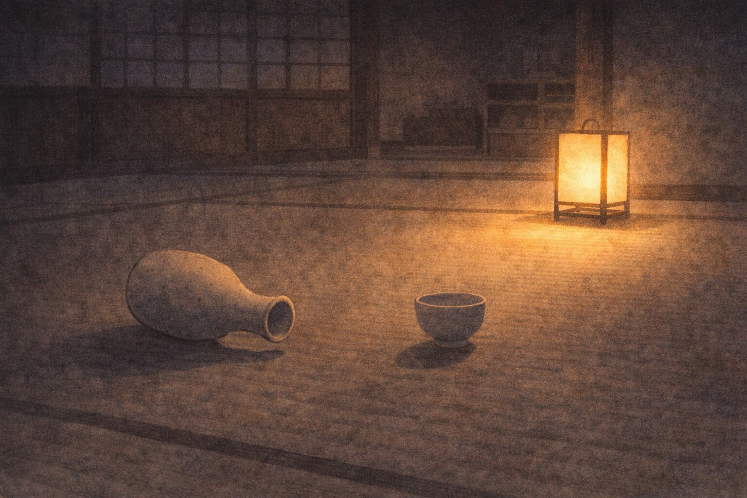 夜更けの座敷で、倒れた徳利と揺れる行灯の光だけが残る余韻の一場面