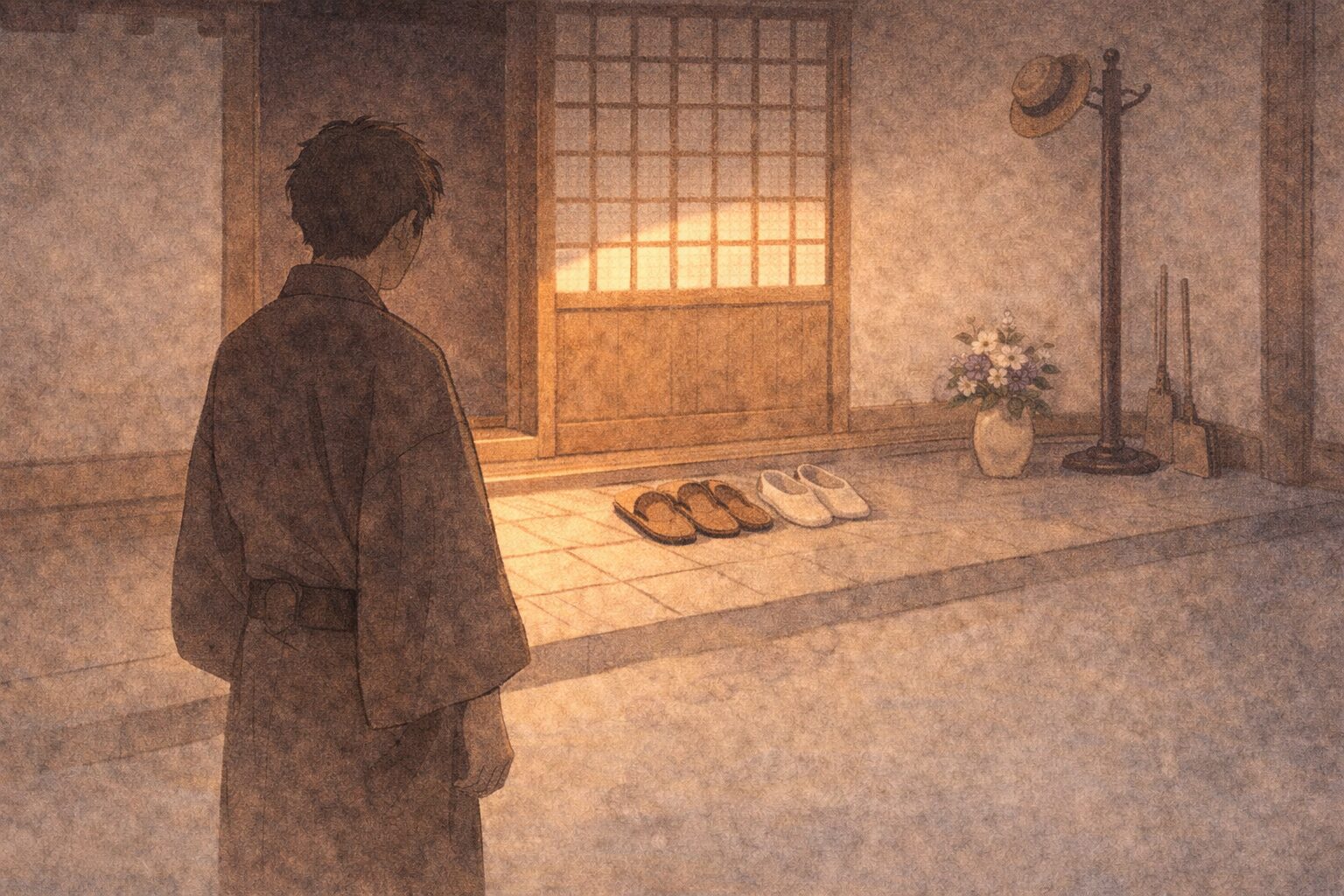 午後の玄関先で、帰宅した男の影が立ち止まり、整いすぎた家まわりを見回す一場面