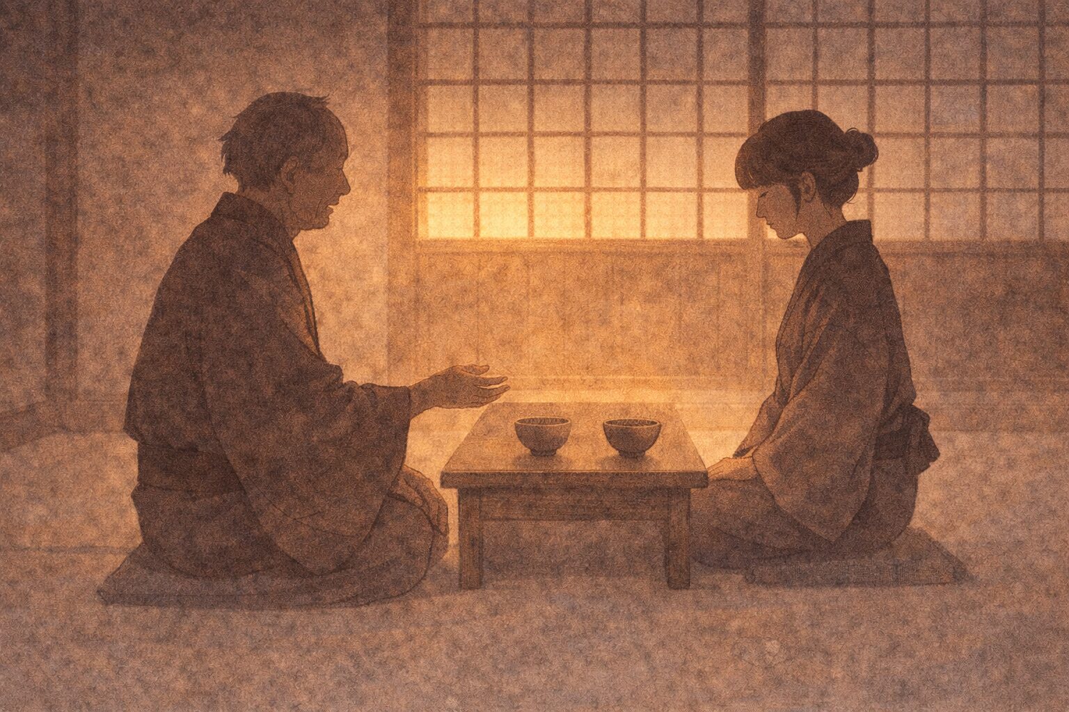 夕方の座敷で、実家の父が娘に静かに知恵を授け、娘がうなずく一場面