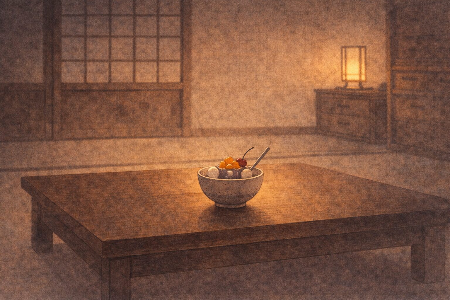夜の居間で、整えられた座卓の上に冷たい甘味だけが残り、怒りの行き場が消えた余韻が漂う一場面