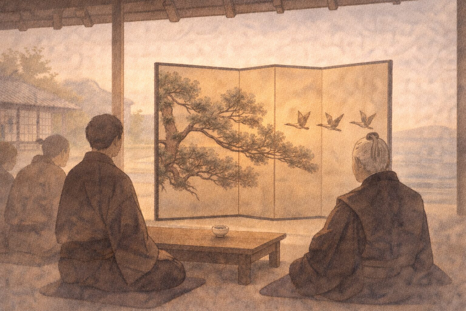 昼の掛川宿の茶店で、松と雁の絵が描かれた屏風を前に一行が目を留める一場面