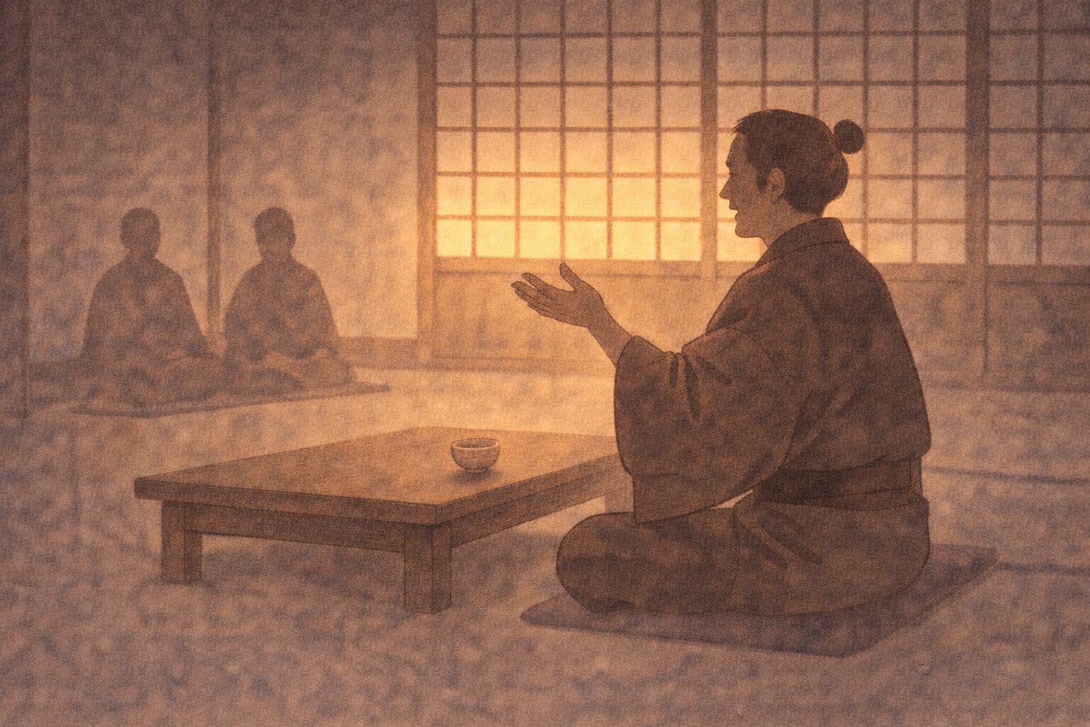 夕方の茶店の座敷で、旅の町人が身ぶりを交えて雁風呂の由来を語る一場面