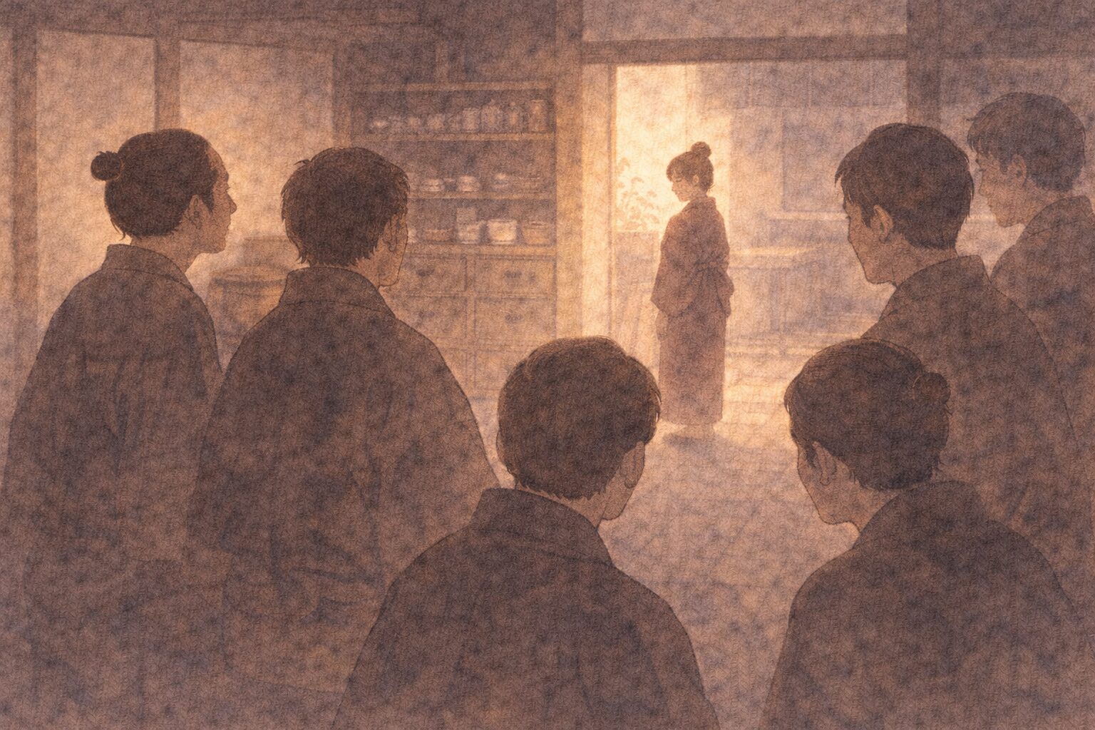 昼の商家の土間で、新しく来た女中を遠巻きに見て若い者たちの空気がざわつく一場面