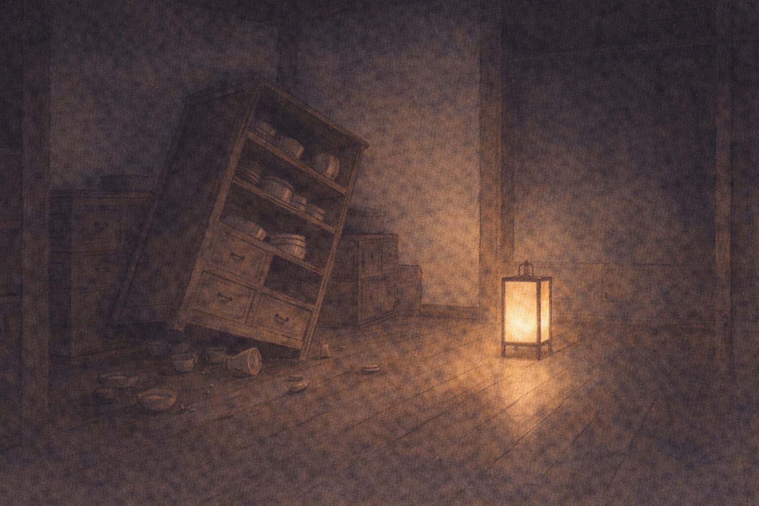 夜更けの台所で、崩れかけた膳棚と行灯の光だけが騒動のあとを残す一場面