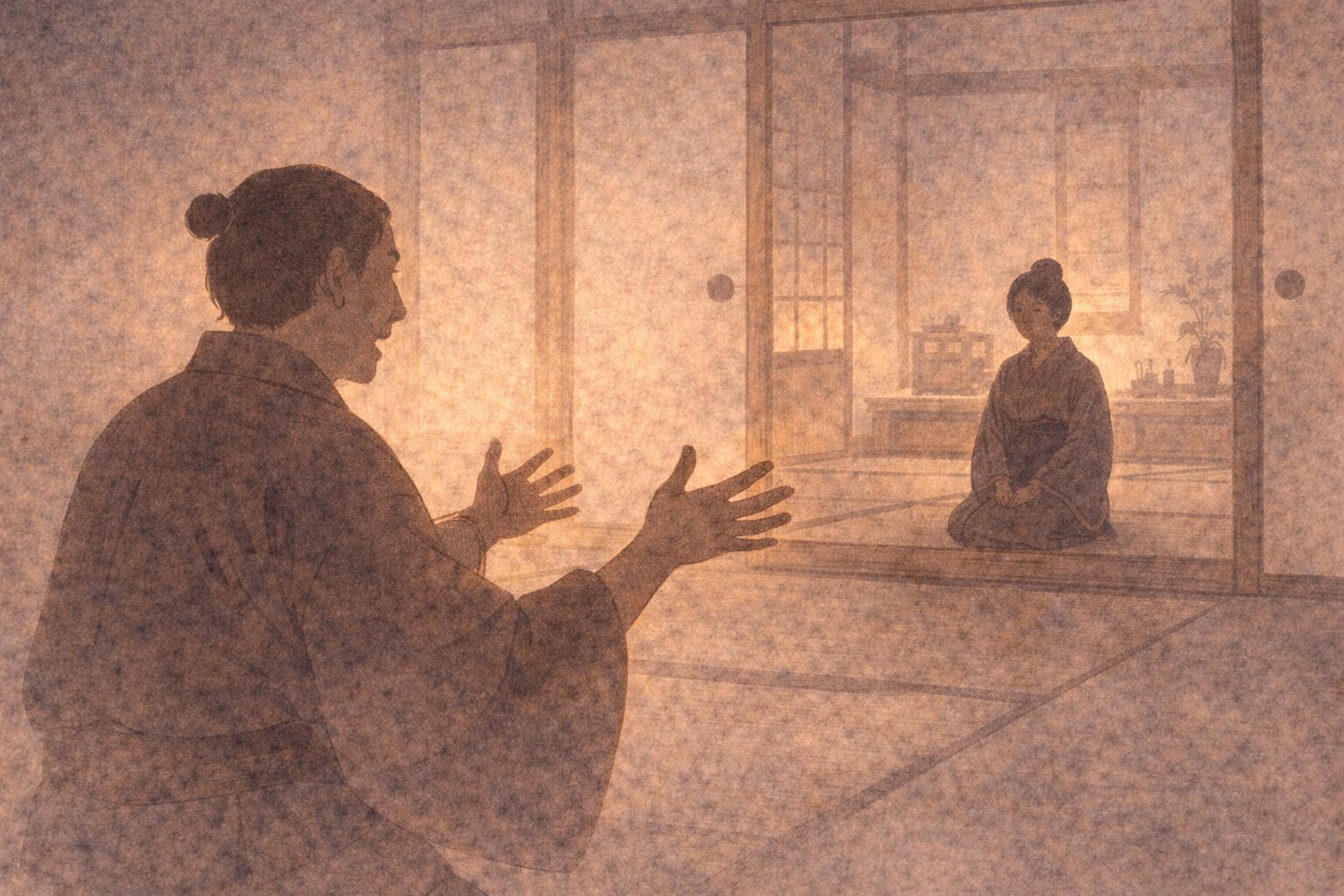 昼の商家の座敷口で、機嫌を取ろうと身ぶりを大きくする男と、奥で座る後家の気配が向き合う一場面