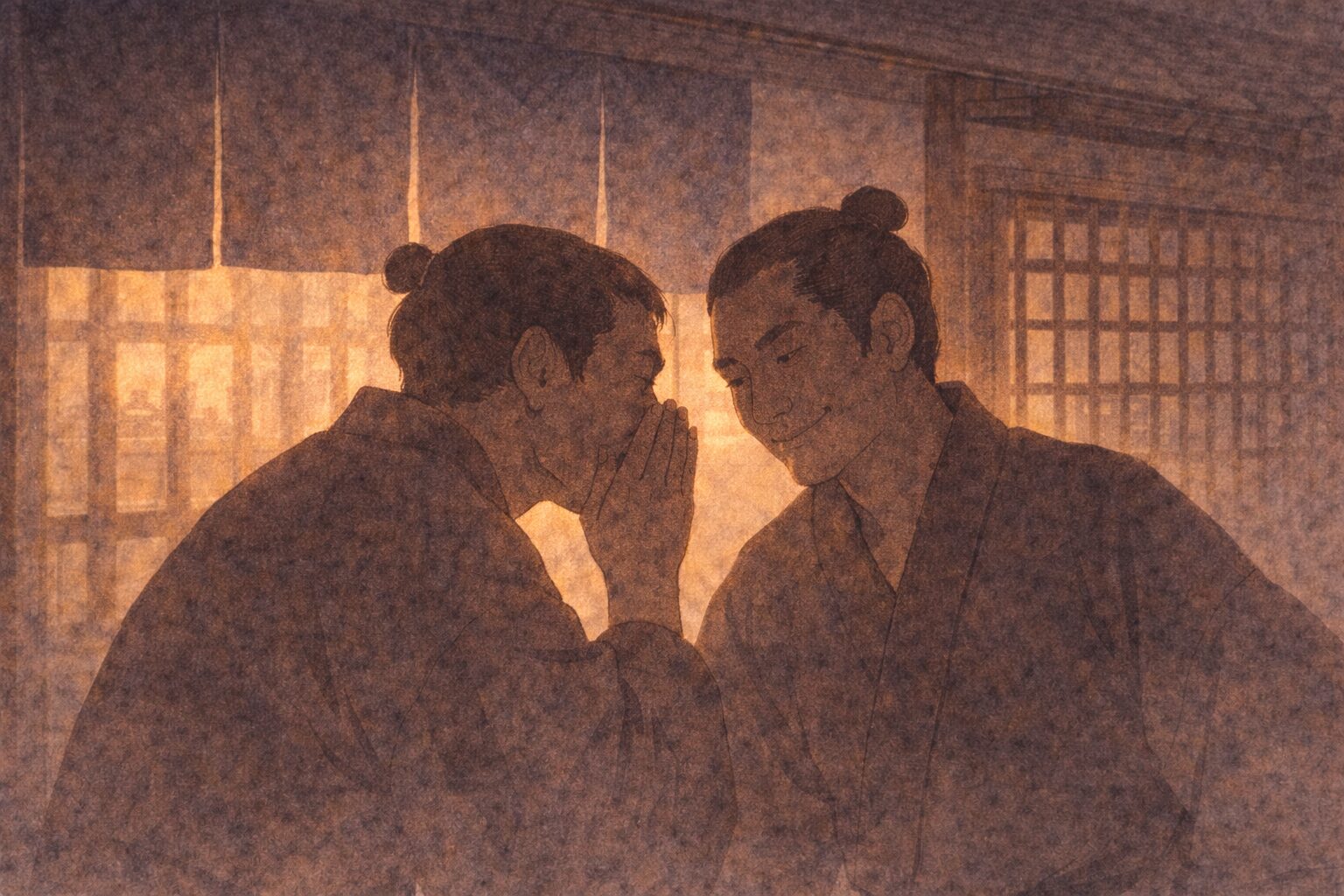 夕方の店先で、番頭が顔を寄せて注意を伝え、男がうなずきながらも調子に乗っていそうな一場面