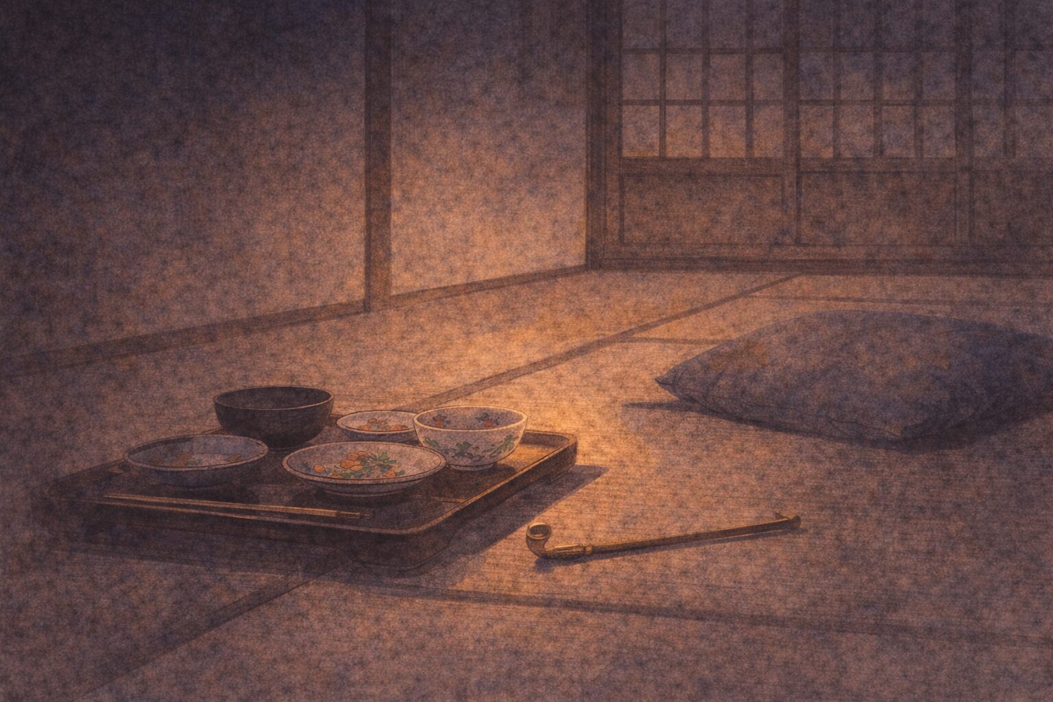 夜の座敷で、食べ残しの膳と一本の煙管だけが残り、気まずい空気が静かに漂う一場面