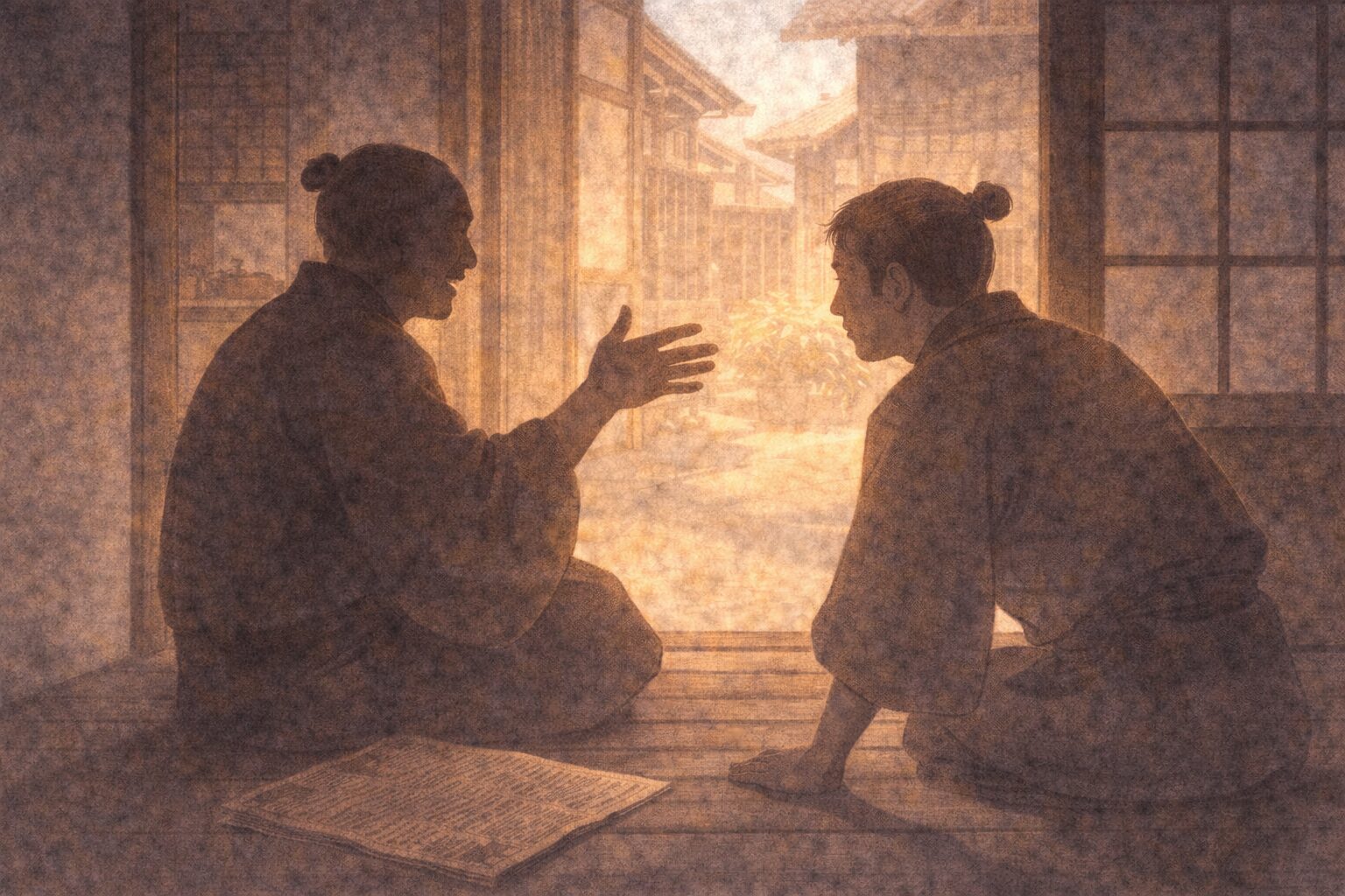 昼の長屋の縁側で、隠居が得意げに話し込み、男が身を乗り出して聞き入る一場面