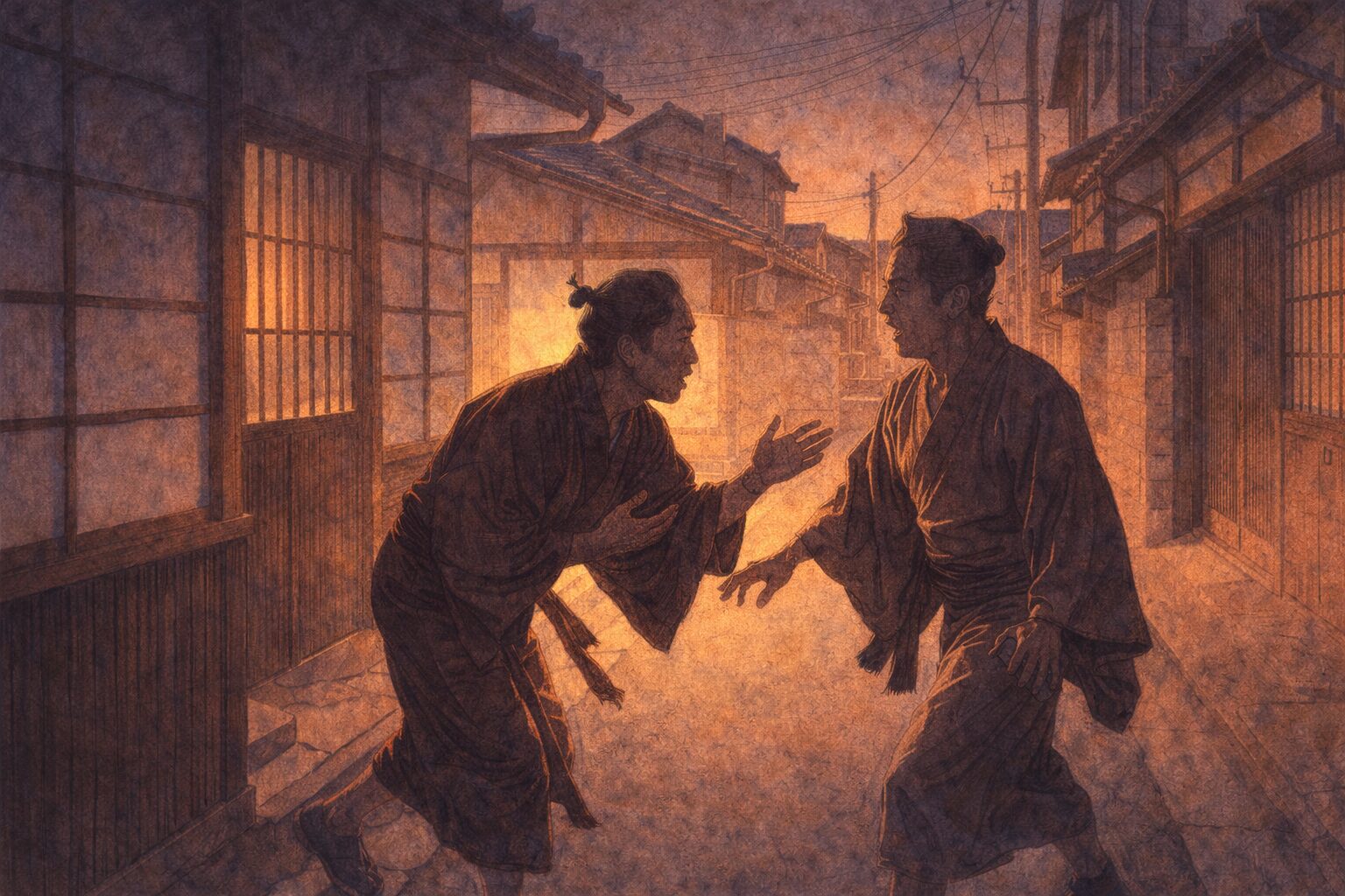 夕方の路地で、男が知り合いの袖を引いて重大そうな話を打ち明ける一場面