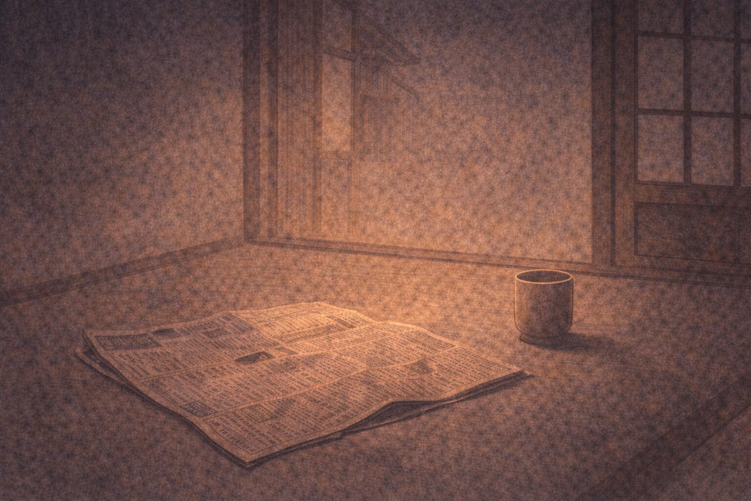 夜の長屋で、読みかけの新聞と湯のみだけが残り、うまい作り話の余韻が漂う一場面