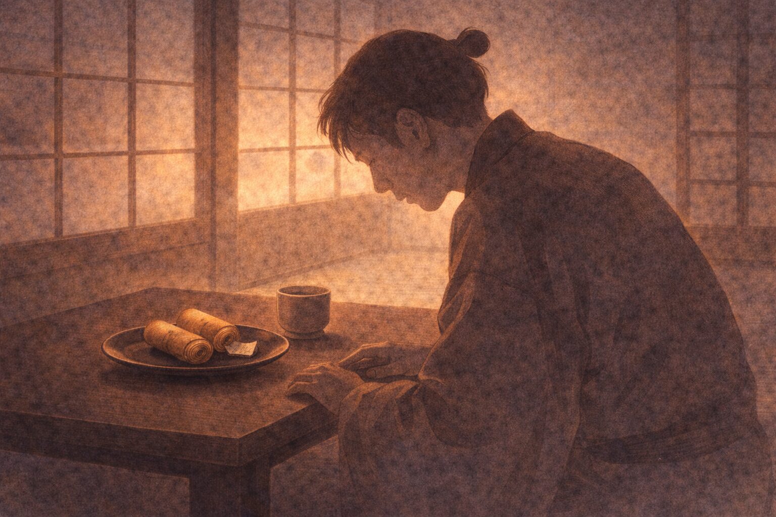 昼の茶屋の二階で、辻占の巻煎餅を前に若旦那が不安そうに手元を見つめる一場面