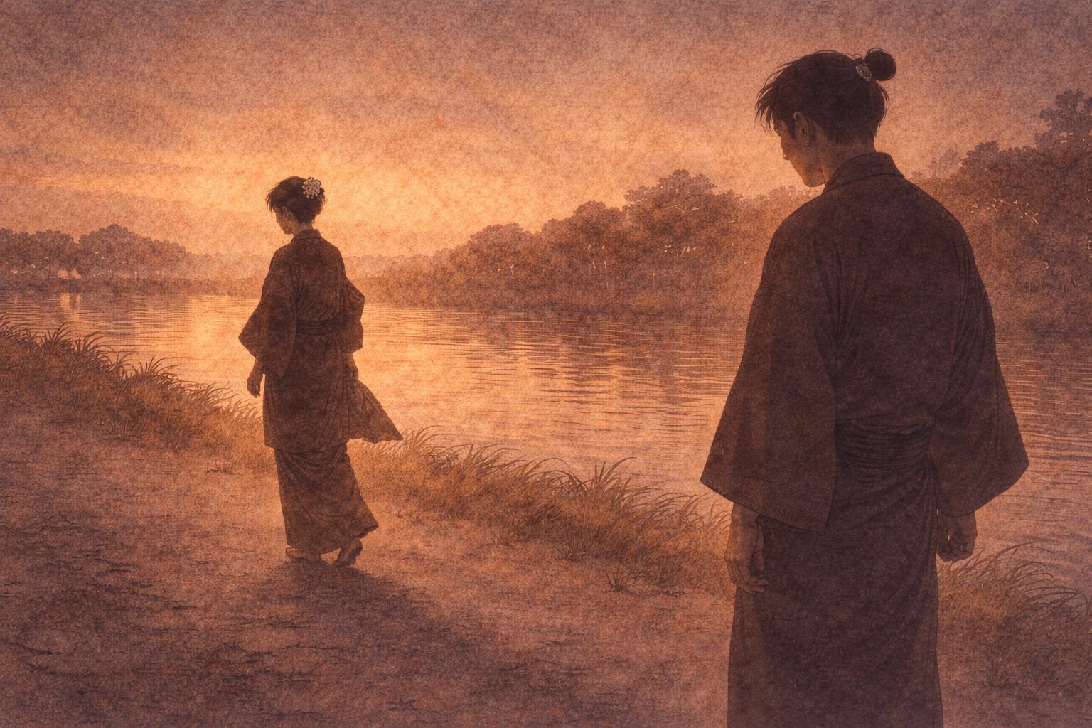 夕暮れの川べりで、先を歩く女の影と立ち止まりかける男の影の間に重い空気が流れる一場面
