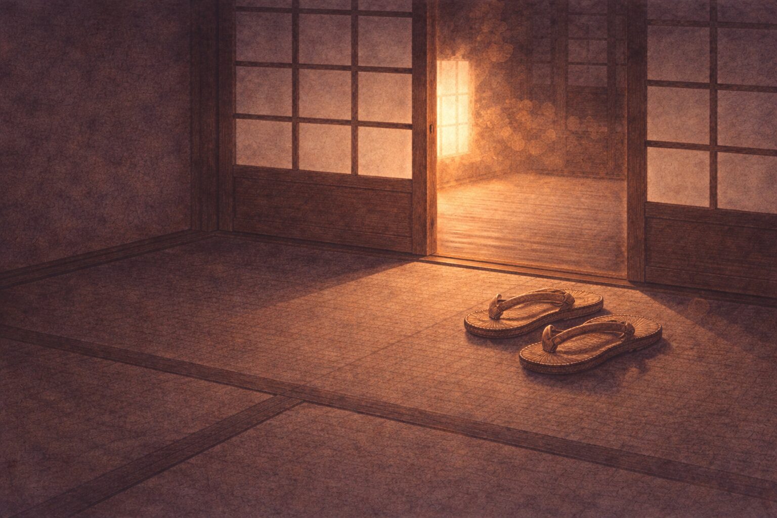 夜の岡場所の座敷で、開いた障子のそばに残る草履と薄明かりだけが再会の余韻を残す一場面