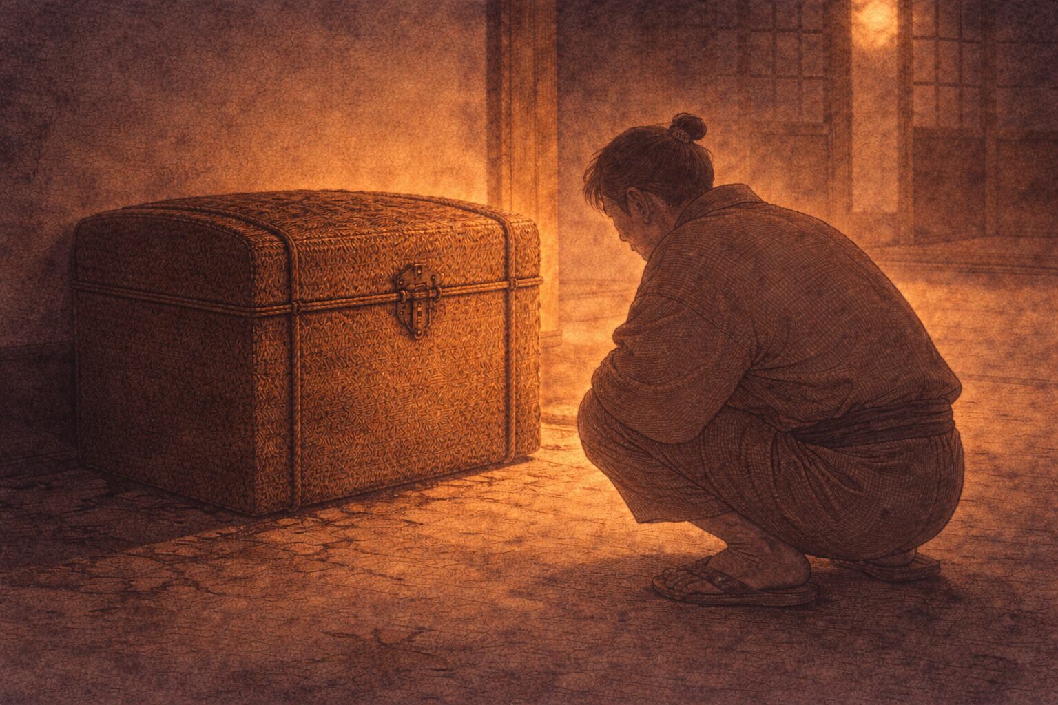 夕方の路地裏で、大きなつづらのそばにしゃがみ込み、中へ入る機会をうかがう男の影がある一場面