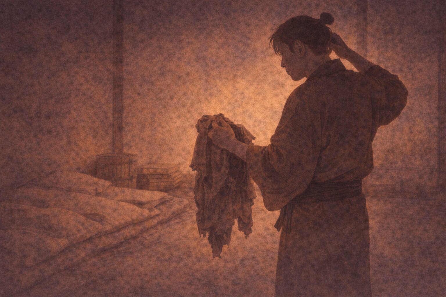 夜の薄暗い部屋で、ぼろ着を手に取りながら首をかしげ、見覚えのある景色に気づかない男の影が立つ一場面