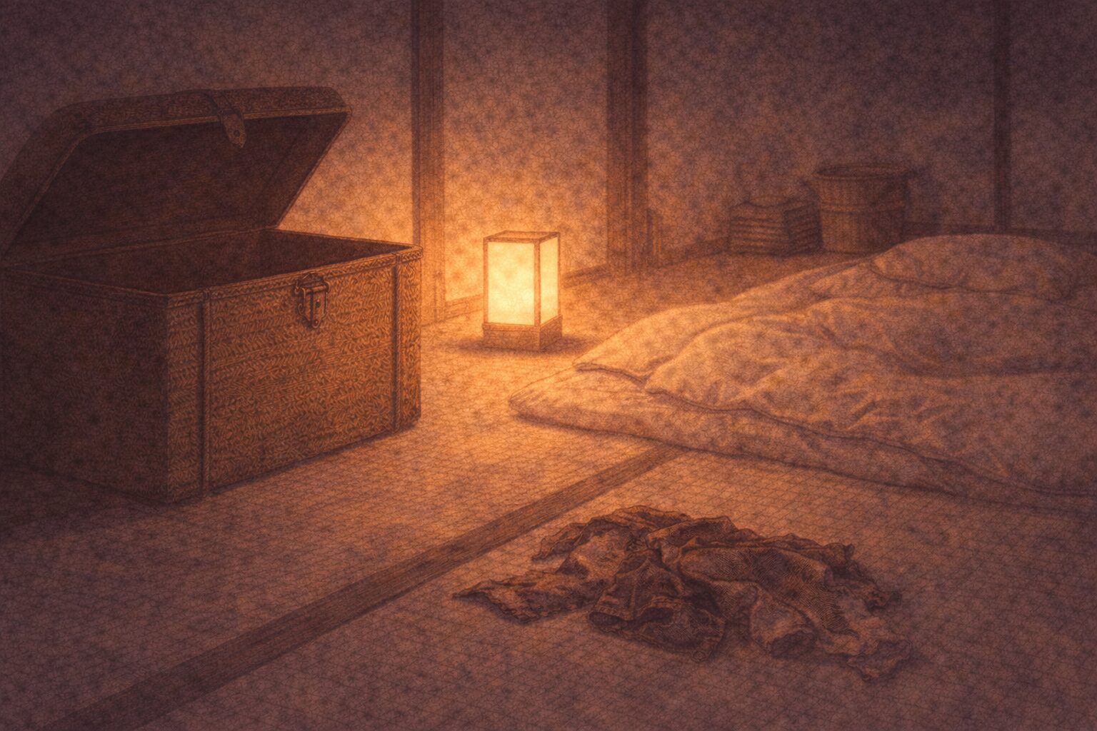 夜更けの長屋で、つづらのふたが半ば開き、寝床のそばに古着が散って静かな余韻だけが残る一場面
