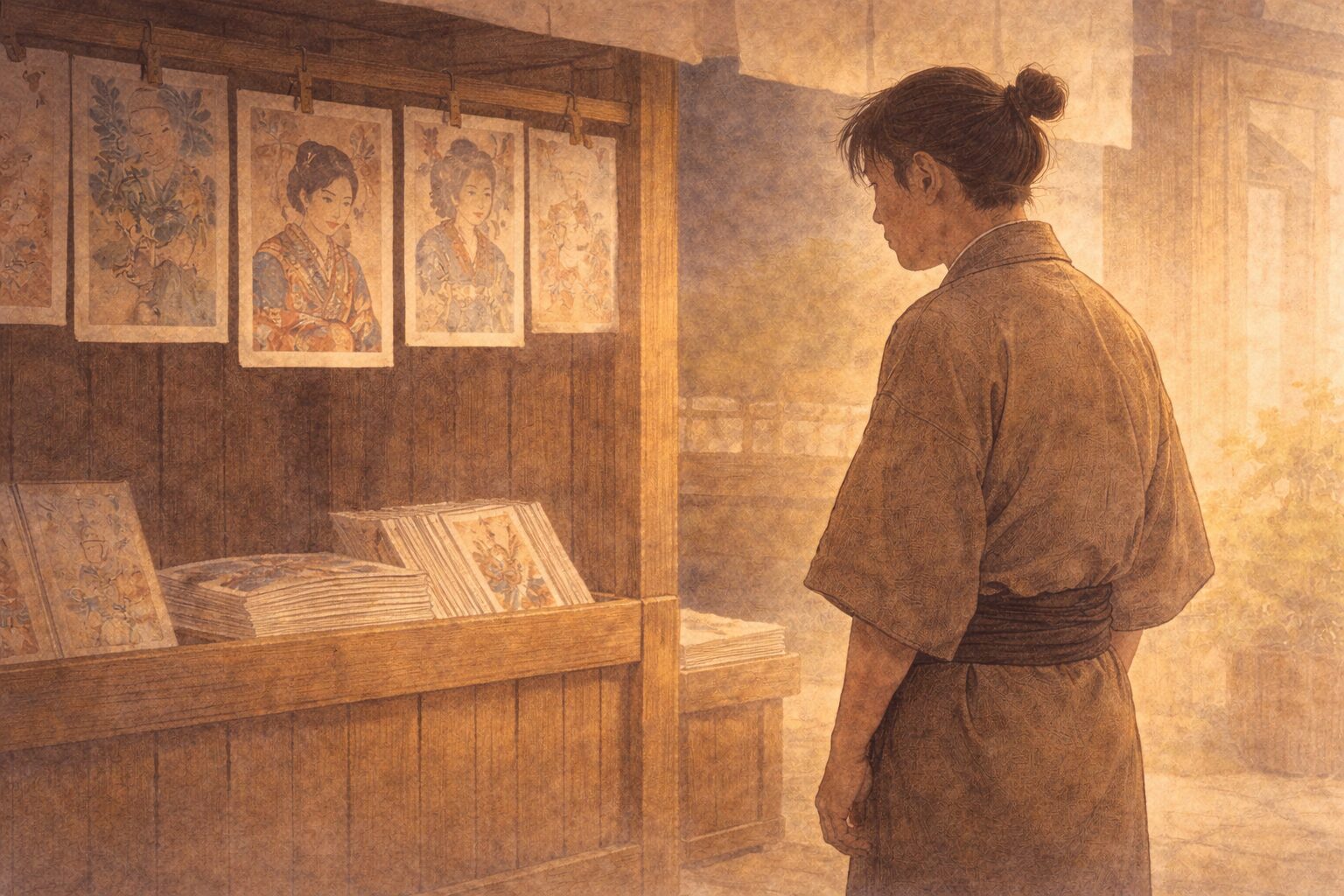 昼の絵草紙屋の店先で、錦絵を見つめたまま立ち尽くす若い奉公人の影がある一場面