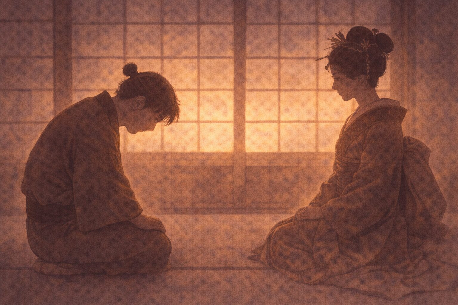 夕方の吉原の座敷で、うつむきながら思いを打ち明ける男と、静かに聞く花魁の影が向き合う一場面