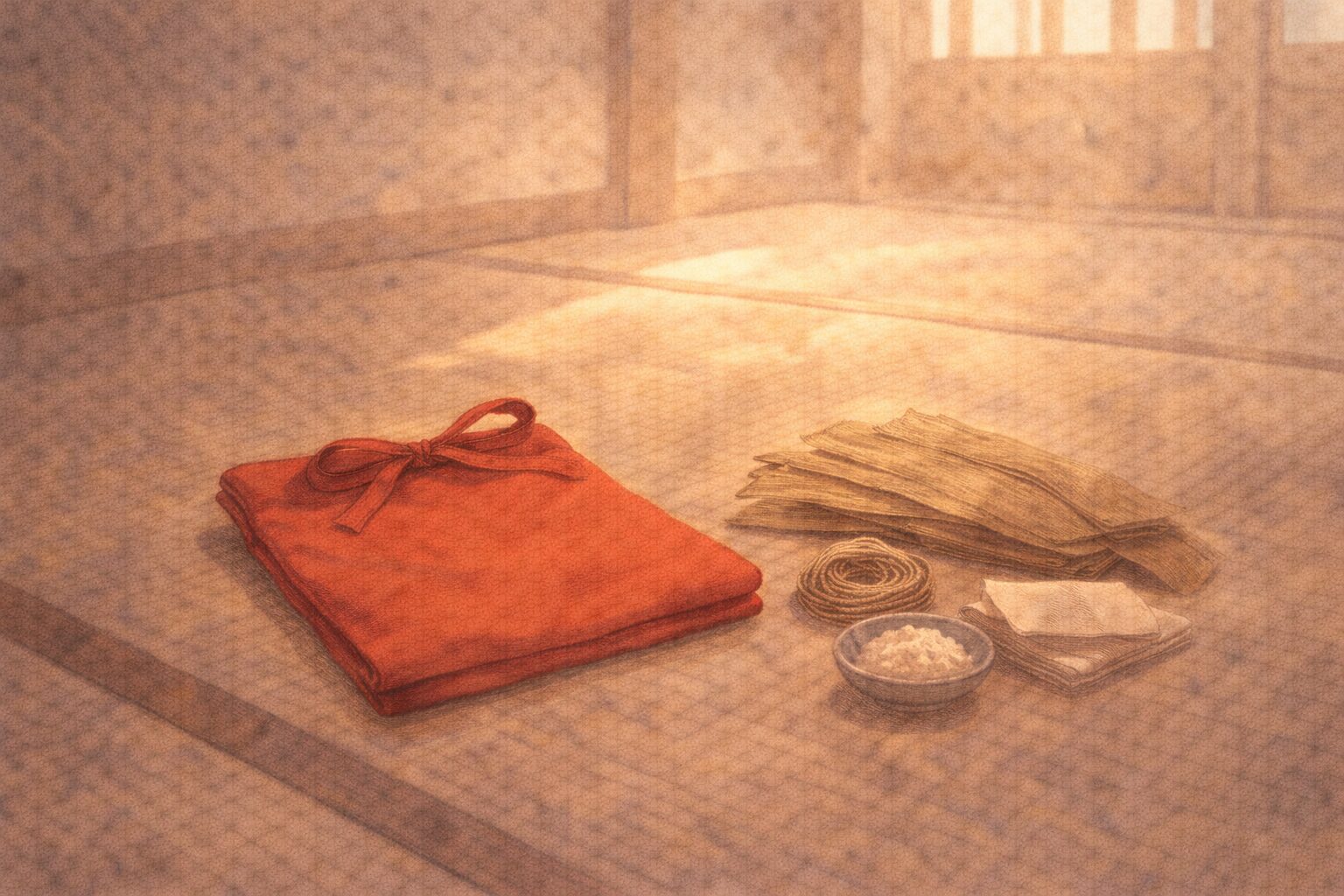 朝の座敷で、紅い前掛けと餅を包む竹の皮が並び、夫婦の商いが始まった気配のある一場面