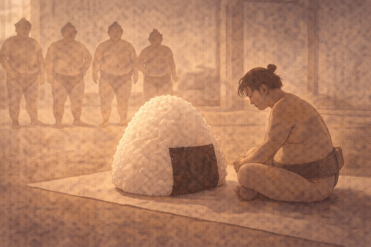 昼の相撲部屋の土間で、大きな握り飯を前に若い力士見習いが座り込み、まわりがあきれて見守る一場面