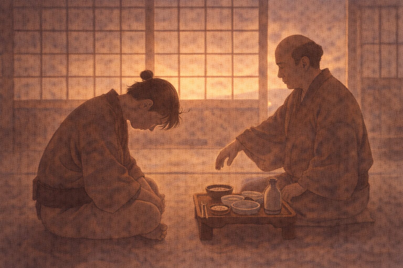 夕暮れの宿場の座敷で、食べ終えた膳を前にうなだれる若者へ宿屋の主人が静かに声をかける一場面