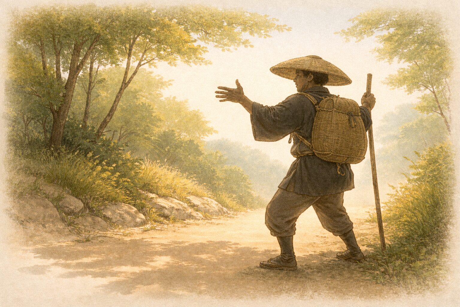 昼の山道で旅帰りの男が身ぶり手ぶりで大きな話を語り始める一場面